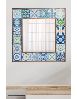 Bodrum Ahşap Çerçeveli Baskılı Doğal Traverten Taş Dekoratif Salon Duvar Konsol Aynası 62x62 Cm