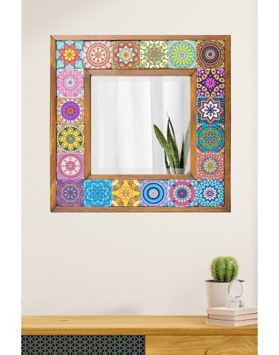 Dekoratif Doğal Taş Ayna 31x31cm Etnik Desen Salon, Duvar, Konsol Aynası, Tablo