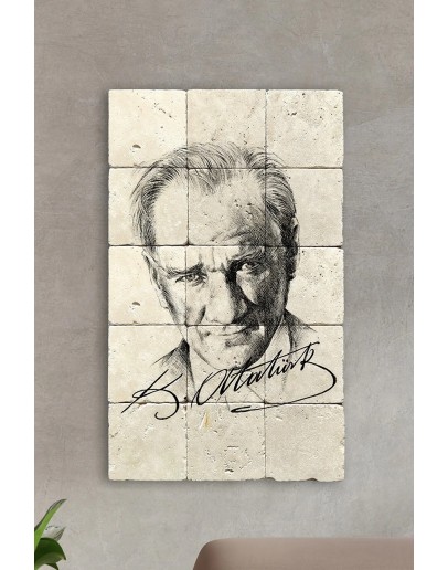 Atatürk Portresi Ve Atatürk Imzalı Tablo - Doğal Taş Tablo -  Duvar Dekoru 30x50cm Tablo t72