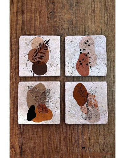 Doğal Taş Bardak Altlığı 4'lü Set - Modern Desenler Uv Baskılı Stone Coasters