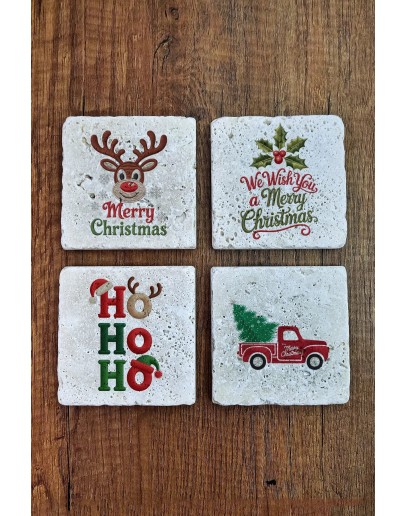 Doğal Taş Bardak Altlığı - Christmast Yeni Yıl Baskılı 10x10cm Ai Noel - Stone Coasters 536