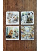 Doğal Taş Bardak Altlığı - Sevimli Kediler Baskılı Bardak Altlığı 10x10cm Ai Stone Coasters 586