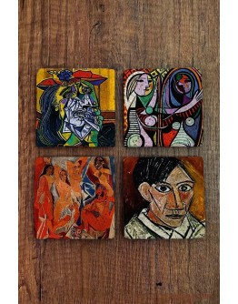 Doğal Taş Bardak Altlığı Uv Baskılı 4'lü Set - Pablo Picasso Eserleri Baskılı - Stone Coasters