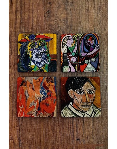 Doğal Taş Bardak Altlığı Uv Baskılı 4'lü Set - Pablo Picasso Eserleri Baskılı - Stone Coasters