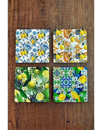 Doğaltaş Bardak Altlığı 4'lü Set -10x10x1 Cm Limon Desenler Baskılı - Stone Coasters