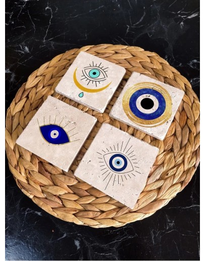 Baskılı Doğal Taş Bardak Altlığı 4'lü Set 10x10x1 Cm Nazar Boncuğu Desenli - Stone Coasters