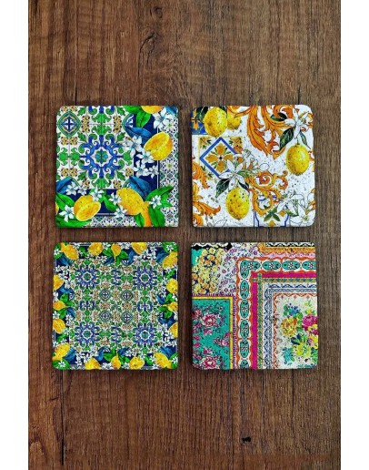 Baskılı Doğaltaş Bardak Altlığı 4'lü Set - Limon Ağacı Baskılı Taş Bardak Altı - Stone Coasters