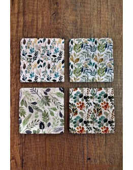 Doğal Taş Bardak Altlığı 4'lü Set - 10x10cm Yeşil Bitkiler Baskılı Bardak Altlığı - Stone Coasters