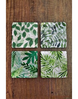 Doğal Taş Bardak Altlığı 4'lü Set - 10x10cm Yeşil Yaprak Desenli Taş Bardak Altlığı - Stone Coasters