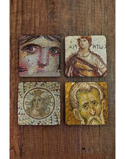 Doğal Taş Bardak Altlığı 4'lü Set - Zeugma Mozaik Desenli Doğal Taş Bardak Altı - Stone Coasters