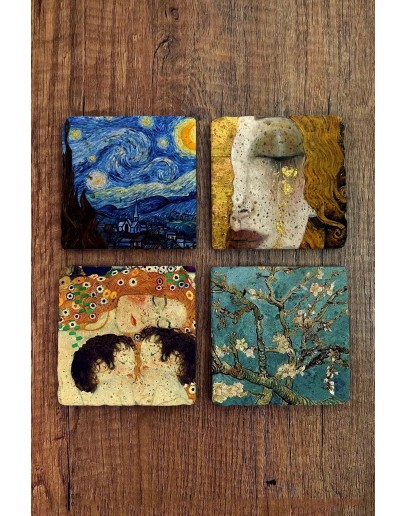 Doğal Taş Bardak Altlığı 4'lü Set 10x10x1 cm Gustav klimt ve Van Gogh Eserleri- Stone Coasters