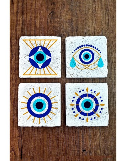 Doğal Taş Bardak Altlığı 4'lü Set 10x10x1 cm Nazar Boncuğu Desenli - EvilEye Stone Coasters 352