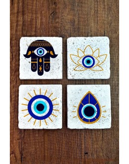 Doğal Taş Bardak Altlığı 4'lü Set 10x10x1 cm Nazar Boncuğu Desenli - EvilEye Stone Coasters 353
