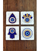 Doğal Taş Bardak Altlığı 4'lü Set 10x10x1 cm Nazar Boncuğu Desenli - EvilEye Stone Coasters 355