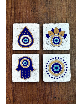 Doğal Taş Bardak Altlığı 4'lü Set 10x10x1 cm Nazar Boncuğu Desenli - EvilEye Stone Coasters 355