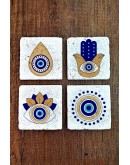 Doğal Taş Bardak Altlığı 4'lü Set 10x10x1 cm Nazar Boncuğu Desenli - EvilEye Stone Coasters 356