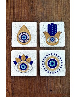 Doğal Taş Bardak Altlığı 4'lü Set 10x10x1 cm Nazar Boncuğu Desenli - EvilEye Stone Coasters 356