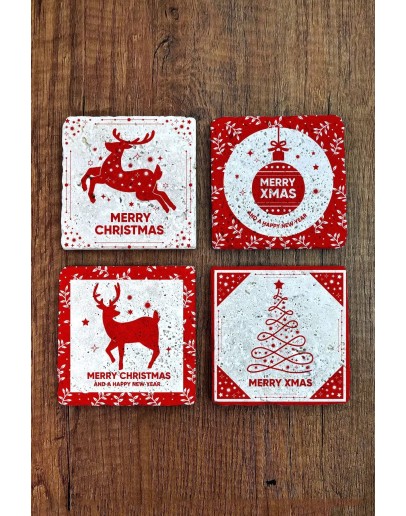 Doğal Taş Bardak Altlığı 4'lü Set 10x10x1 cm Yeni Yıl, Yılbaşı, Merry Christimas-Stone Coasters