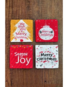 Doğal Taş Bardak Altlığı 4'lü Set 10x10x1 cm Yılbaşı, Yeni Yıl, Merry Christimas-Stone Coasters