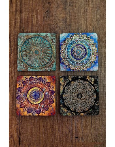Doğal Taş Bardak Altlığı Uv Baskılı 4'lü Set - Mandala Yaşam Çiçeği Sri Yantra - Stone Coasters