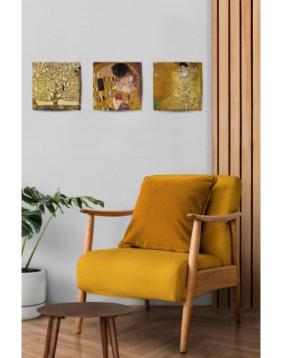 Doğal Taş Duvar Dekoru 20x20cm Tablo - Gustav Klimt Eserleri Baskılı 3'lü Set