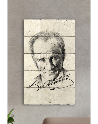 Doğal Taş Tablo - Atatürk Portresi Ve Atatürk Imzalı Tablo - Duvar Dekoru 30x50cm