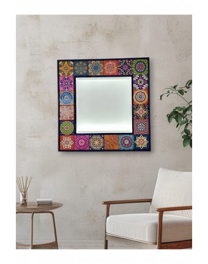 Porto Serisi Dekoratif Doğaltaş Ayna 62x62 Cm Ahşap Çerçeveli