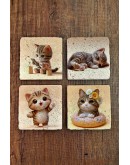 Doğal Taş Bardak Altlığı 4'lü Set 10x10x1 cm Sevimli Kedi Desenleri -Stone Coasters
