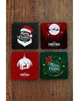 Doğal Taş Bardak Altlığı 4'lü Set 10x10x1 cm Yeni Yıl Hediyesi Christimas Stone Coasters