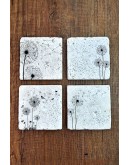 Doğal Taş Bardak Altlığı 4'lü Set 10x10x1 cm Beyaz Karahindiba Silüeti Desenler Stone Coasters