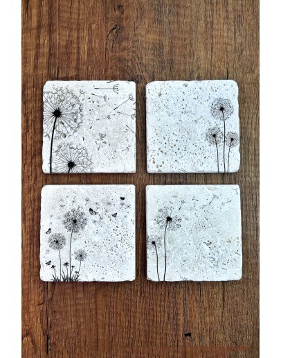 Doğal Taş Bardak Altlığı 4'lü Set 10x10x1 cm Beyaz Karahindiba Silüeti Desenler Stone Coasters