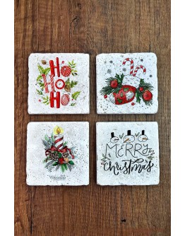 Doğal Taş Bardak Altlığı 4'lü Set 10x10x1 cm Yeni Yıl- Yıl Başı Stone Coasters