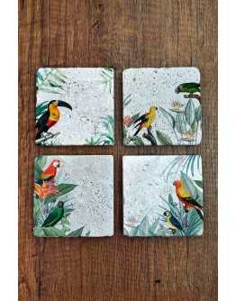 Doğal Taş Bardak Altlığı 4'lü Set 10x10x1 cm Tropikal Kuşlar Baskılı Stone Coasters