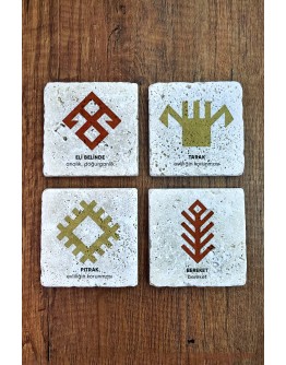 Doğal Taş Bardak Altlığı 4'lü Set 10x10x1 cm Anadolu Motifleri Stone Coasters