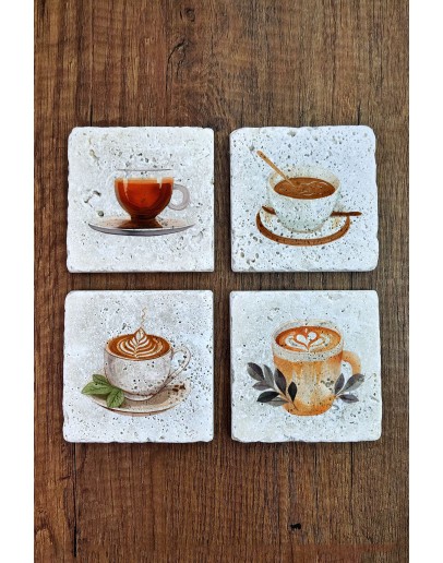 Kahve Temalı Doğal Taş Bardak Altlığı - Stone Coasters