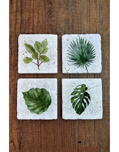 Yeşil Bitkiler, Yaprak Temalı Doğal Taş Bardak Altlığı - Stone Coasters