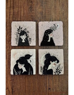 Yıldızlı Kadın Temalı Doğal Taş Bardak Altlığı - Stone Coasters