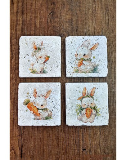 Sevimli Tavşanlar Temalı Doğal Taş Bardak Altlığı - Stone Coasters