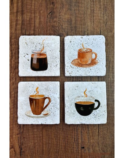 Kahve ve Çay Temalı Doğal Taş Bardak Altlığı - Stone Coasters