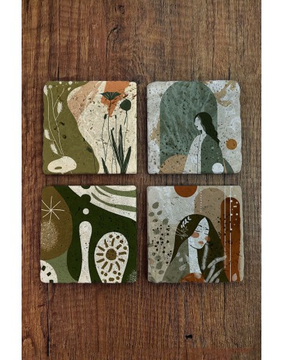Modern Tasarım ve Kadın Temalı Doğal Taş Bardak Altlığı - Stone Coasters