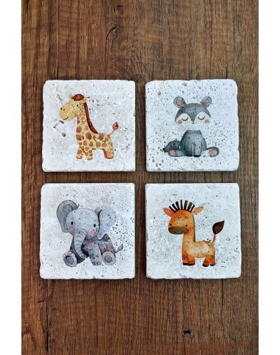 Sevimli Çizgi Hayvanlar Temalı Doğal Taş Bardak Altlığı - Stone Coasters