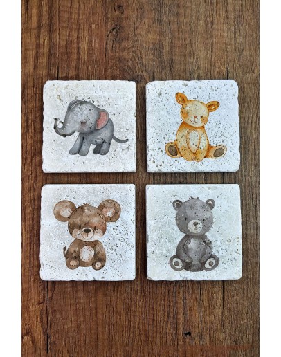 Sevimli Hayvanlar Temalı Doğal Taş Bardak Altlığı - Stone Coasters
