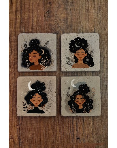 Ayçiçeği Kadınları Temalı Doğal Taş Bardak Altlığı - Stone Coasters