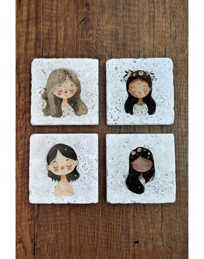 Sevimli Kızlar Temalı Doğal Taş Bardak Altlığı - Stone Coasters