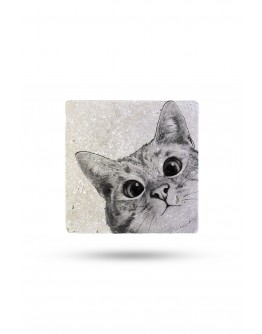 Doğaltaş Bardak Altlığı Sevimli Kedi Baskılı 10x10cm %100 Traverten Doğal Taş