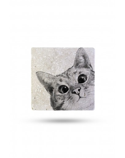 Doğaltaş Bardak Altlığı Sevimli Kedi Baskılı 10x10cm %100 Traverten Doğal Taş