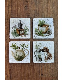 Doğal Taş Bardak Altlığı Kahve Temalı 10x10cm- Stone Coasters