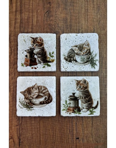 Doğal Taş Bardak Altlığı  Sevimli Kediler Temalı 10x10cm- Stone Coasters