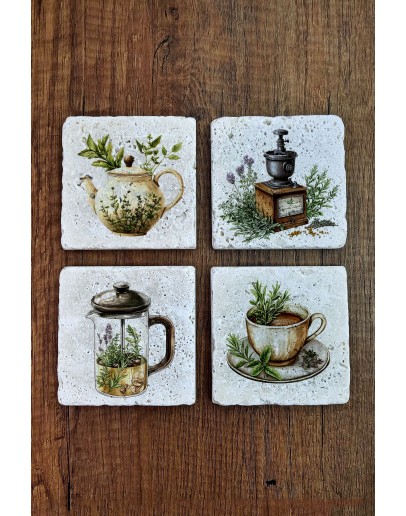 Doğal Taş Bardak Altlığı -Kahve & Çay Temalı 10x10cm Stone Coasters