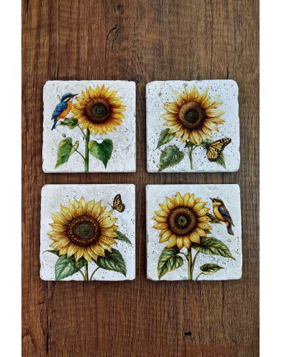 Doğal Taş Bardak Altlığı - Ayçiçeği, Kuş & Kelebek Temalı Stone Coasters